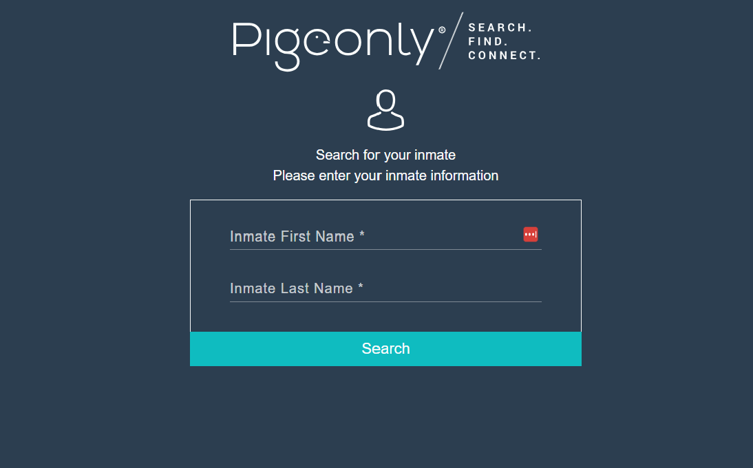Pigeonly inmate locator showing search fields to find an incarcerated loved one and their correctional facility before sending articles or mail.