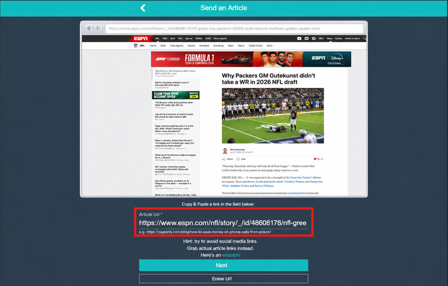 Pigeonly send-articles screen where you paste a news article link; the full article is formatted for printing and mailing to the inmate's facility.